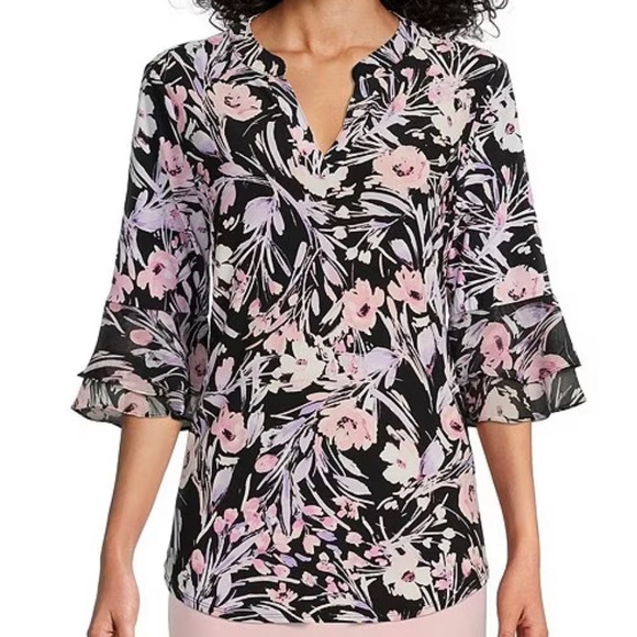 Kasper Tops - Kasper Petite Size V-Neck 3/4 Flutter Sleeve Tunic Black/Tutu Pink Multi